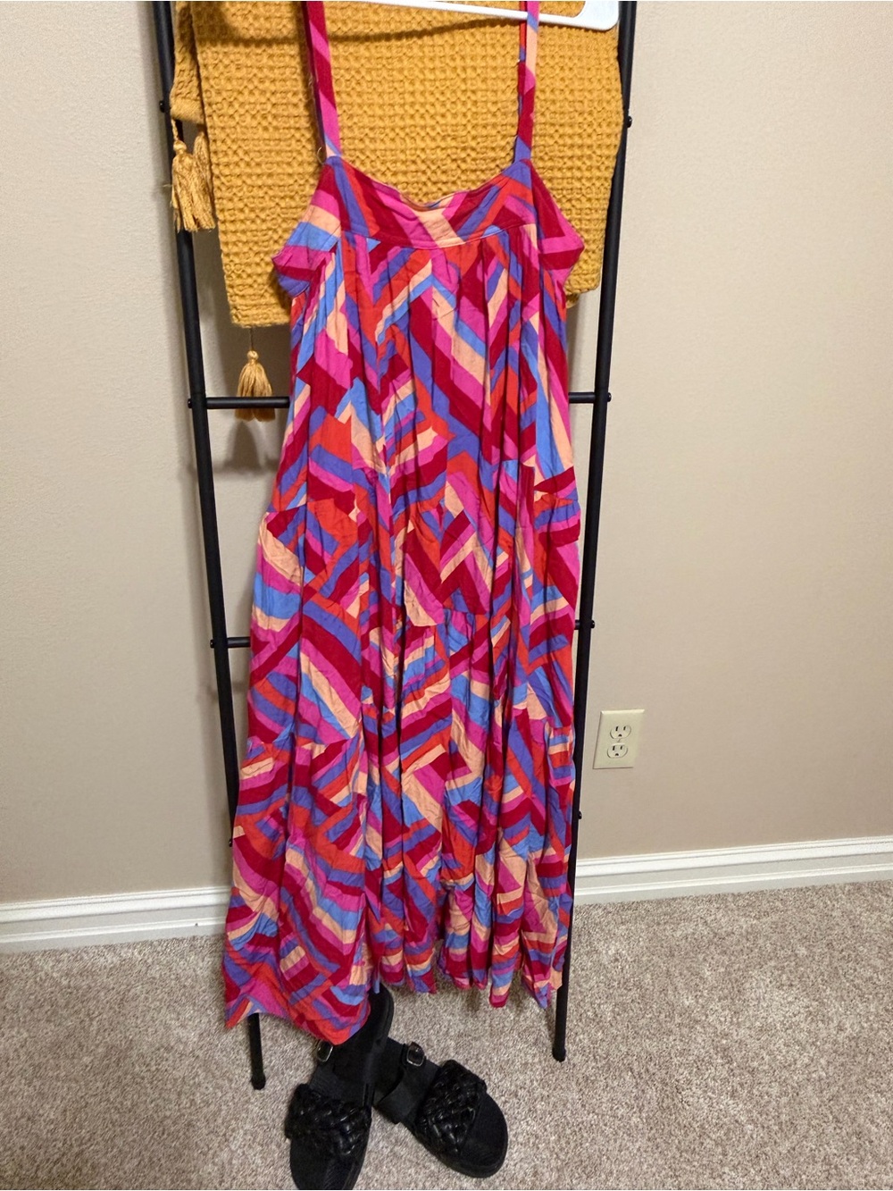 Women’s Strappy Maxi Dress in Pink Multi-Color Geometric Print